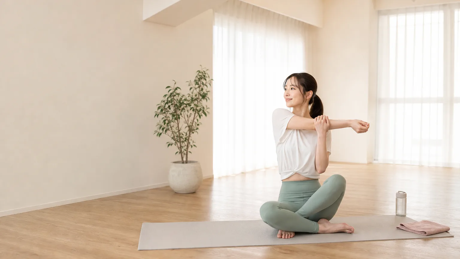 朝のやわらかな光が入る温白のスタジオで、マットの上で心地よくストレッチをする女性。週1回の習慣で、痩せたい・綺麗になりたいを叶える HABIT. bloom のイメージ。
